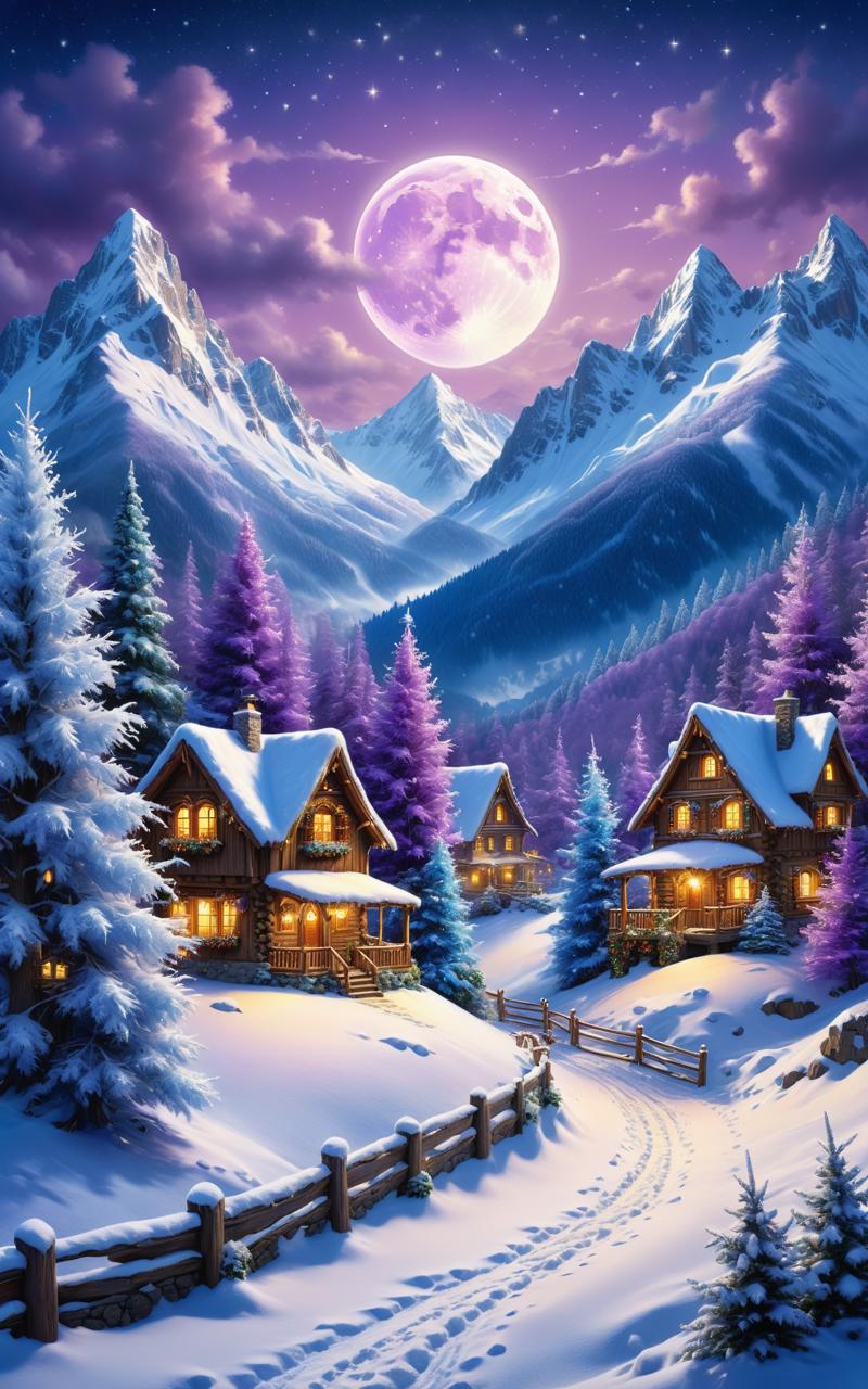 04004-1374898010-Charming fairy tale village, snow-covered decorated christmas trees, warm inviting cabin, ultra sharp digital oil painting, snow.png